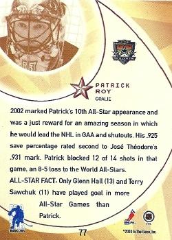 2002-03 Be a Player All-Star Edition #77 Patrick Roy Back