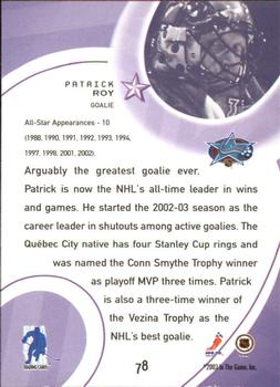 2002-03 Be a Player All-Star Edition #78 Patrick Roy Back