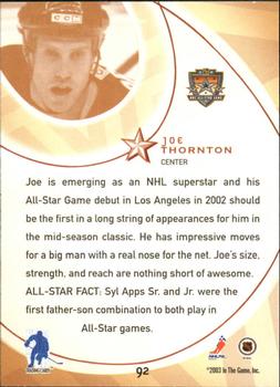 2002-03 Be a Player All-Star Edition #92 Joe Thornton Back