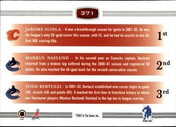 2002-03 Be a Player First Edition #371 Jarome Iginla / Markus Naslund / Todd Bertuzzi Back