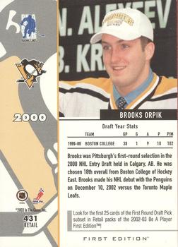 2002-03 Be a Player First Edition #431 Brooks Orpik Back