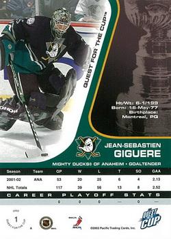 2002-03 Pacific Quest for the Cup #1 Jean-Sebastien Giguere Back