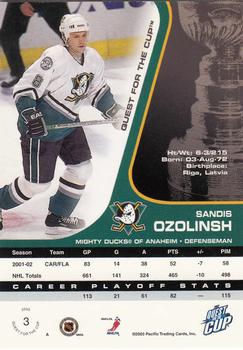 2002-03 Pacific Quest for the Cup #3 Sandis Ozolinsh Back