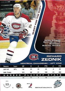 2002-03 Pacific Quest for the Cup #53 Richard Zednik Back