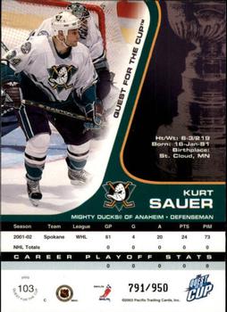 2002-03 Pacific Quest for the Cup #103 Kurt Sauer Back