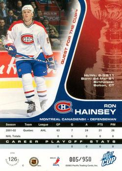 2002-03 Pacific Quest for the Cup #126 Ron Hainsey Back