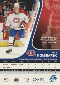 2002-03 Pacific Quest for the Cup #127 Mike Komisarek Back