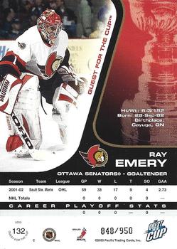 2002-03 Pacific Quest for the Cup #132 Ray Emery Back