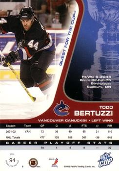 2002-03 Pacific Quest for the Cup #94 Todd Bertuzzi Back