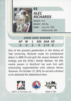 2010-11 In The Game Between The Pipes #46 Alec Richards Back