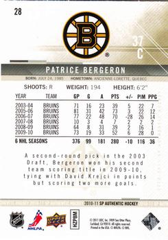 2010-11 SP Authentic #28 Patrice Bergeron Back
