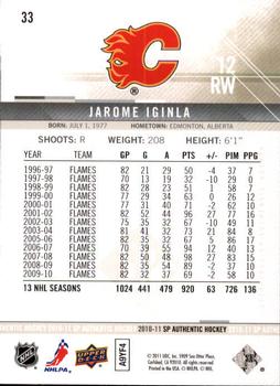 2010-11 SP Authentic #33 Jarome Iginla Back