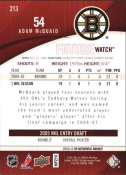 2010-11 SP Authentic #213 Adam McQuaid Back