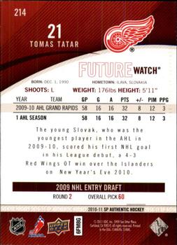 2010-11 SP Authentic #214 Tomas Tatar Back