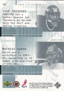 2002-03 Upper Deck Mask Collection #46 Mathieu Garon / Jose Theodore Back