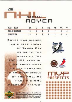 2002-03 Upper Deck MVP #216 Gaetan Royer Back