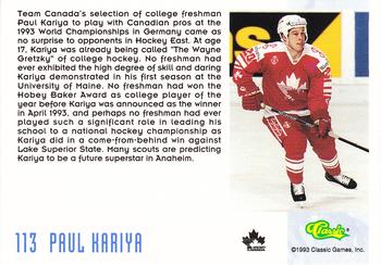 1993 Classic '93 Hockey Draft #113 Paul Kariya Back