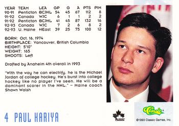 1993 Classic '93 Hockey Draft #4 Paul Kariya Back