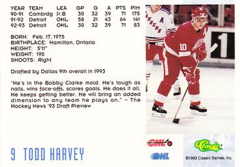 1993 Classic '93 Hockey Draft #9 Todd Harvey Back
