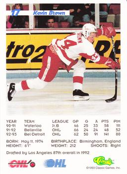 1993 Classic '93 Hockey Draft #17 Kevin Brown Back