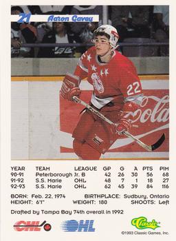 1993 Classic '93 Hockey Draft #21 Aaron Gavey Back