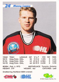 1993 Classic '93 Hockey Draft #24 Manny Legace Back