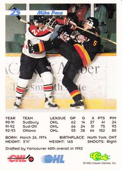 1993 Classic '93 Hockey Draft #25 Mike Peca Back