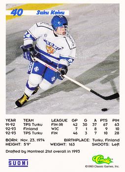 1993 Classic '93 Hockey Draft #40 Saku Koivu Back