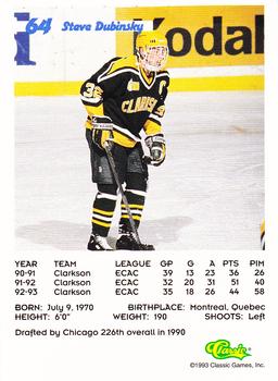 1993 Classic '93 Hockey Draft #64 Steve Dubinsky Back
