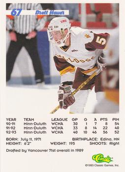 1993 Classic '93 Hockey Draft #67 Brett Hauer Back