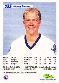 1993 Classic '93 Hockey Draft #135 Kenny Jonsson Back
