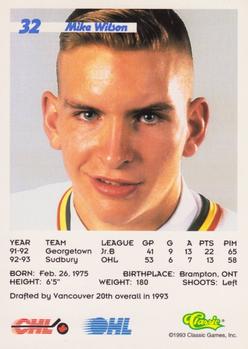 1993 Classic '93 Hockey Draft #32 Mike Wilson Back