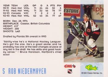 1993 Classic '93 Hockey Draft #5 Rob Niedermayer Back