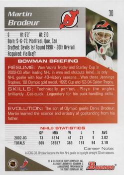 2003-04 Bowman Draft Picks and Prospects #30 Martin Brodeur Back