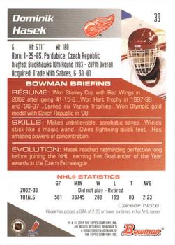 2003-04 Bowman Draft Picks and Prospects #39 Dominik Hasek Back