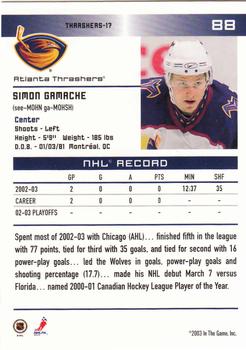 2003-04 In The Game Action #88 Simon Gamache Back