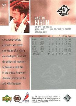 2003-04 Upper Deck #27 Martin Biron Back
