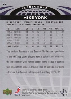 2004-05 Upper Deck All-World Edition #22 Mike York Back