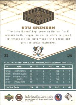 2004-05 UD Legendary Signatures #81 Stu Grimson Back