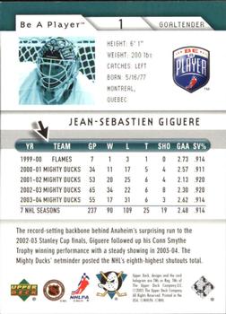 2005-06 Upper Deck Be a Player #1 Jean-Sebastien Giguere Back