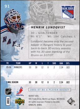 2006-07 Be A Player #91 Henrik Lundqvist Back