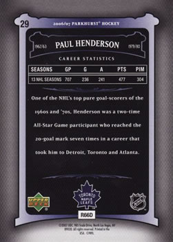 2006-07 Parkhurst #29 Paul Henderson Back