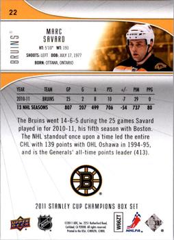 2011 Upper Deck Boston Bruins Stanley Cup Champions #22 Marc Savard Back