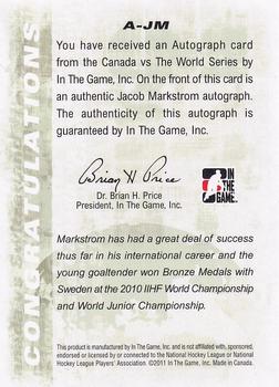 2011-12 In The Game Canada vs. The World #A-JM Jacob Markstrom Back
