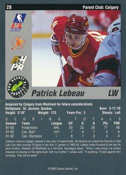 1993 Classic Pro Prospects #28 Patrick Lebeau Back