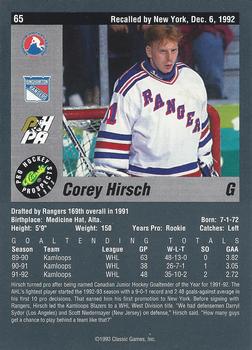 1993 Classic Pro Prospects #65 Corey Hirsch Back