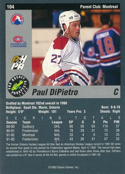 1993 Classic Pro Prospects #104 Paul DiPietro Back