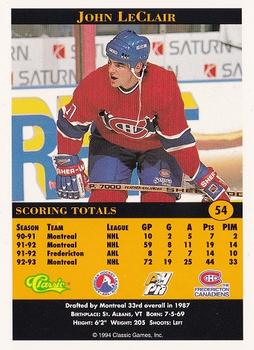 1994 Classic Pro Hockey Prospects #54 John LeClair Back