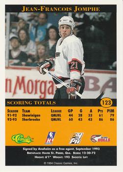 1994 Classic Pro Hockey Prospects #123 Jean-Francois Jomphe Back