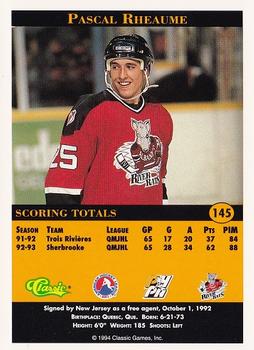 1994 Classic Pro Hockey Prospects #145 Pascal Rheaume Back